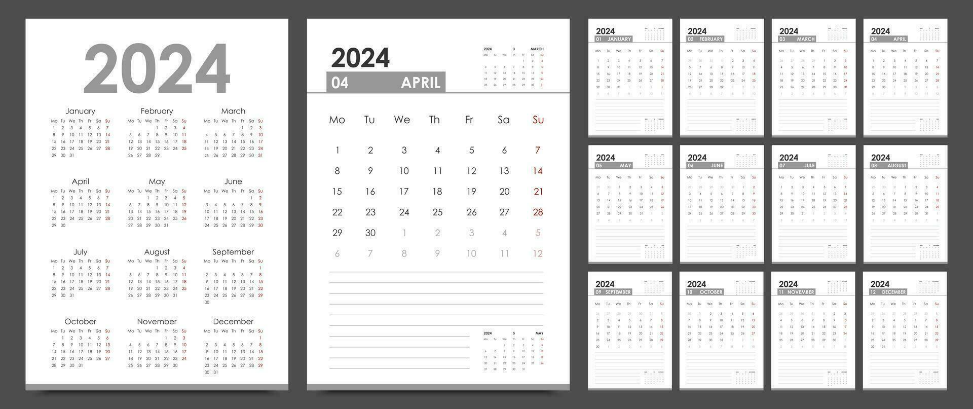 planificador 2024 año. calendario modelo. vertical orientación. el semana empieza en lunes, inglés. vector