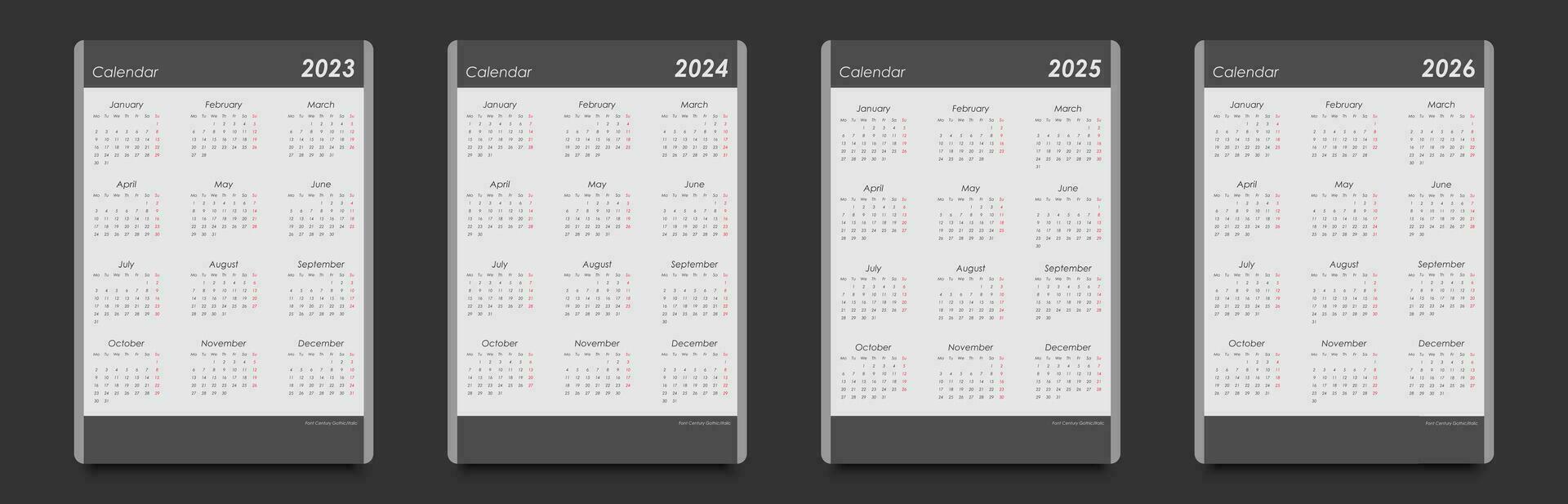 Calendar set for 2023, 2024, 2025, 2026. Vertical, black and white, week starts on Monday. vector