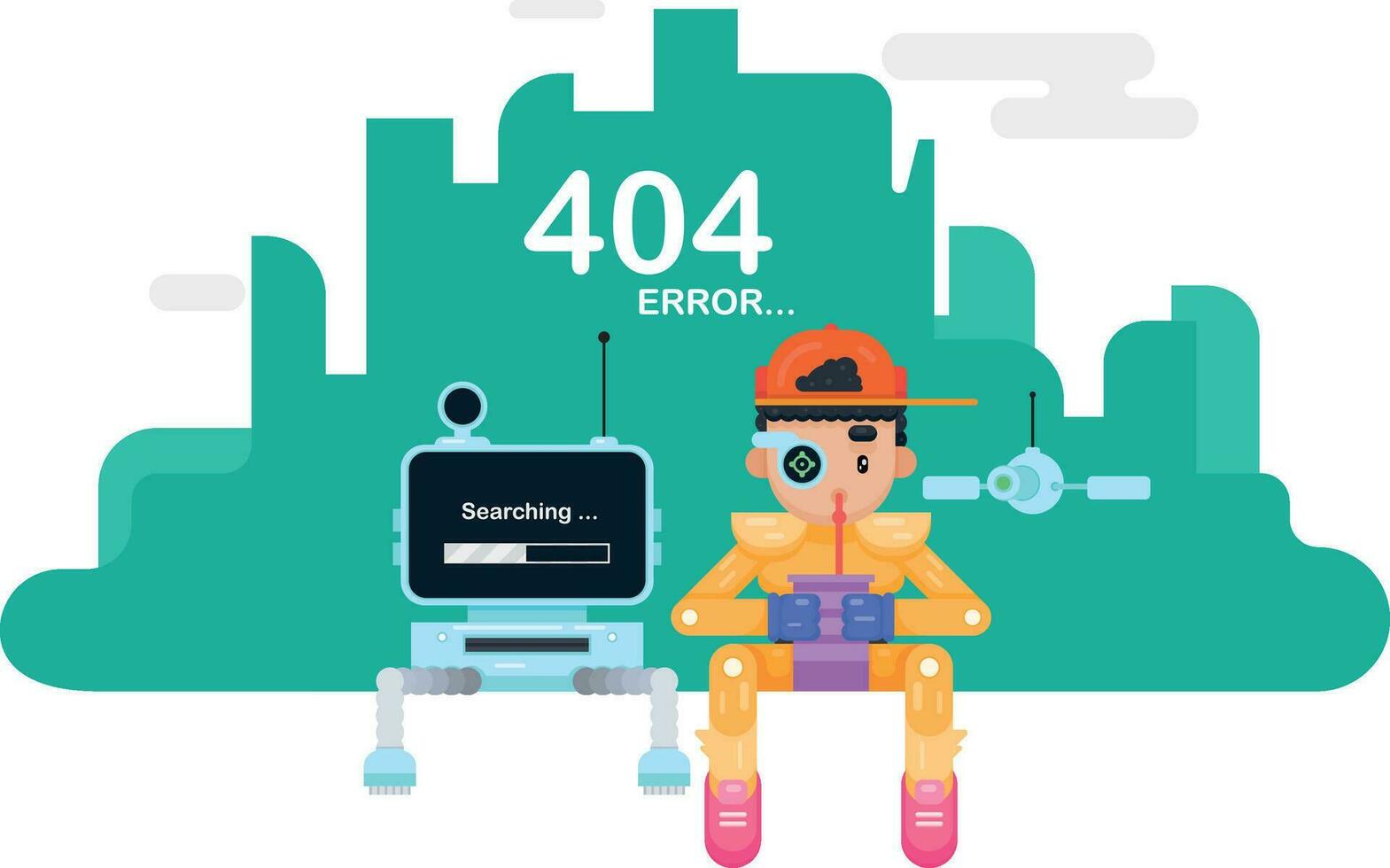 404 error page template. boy sitting with a bot drinking smoothie. website error message, vector illustration