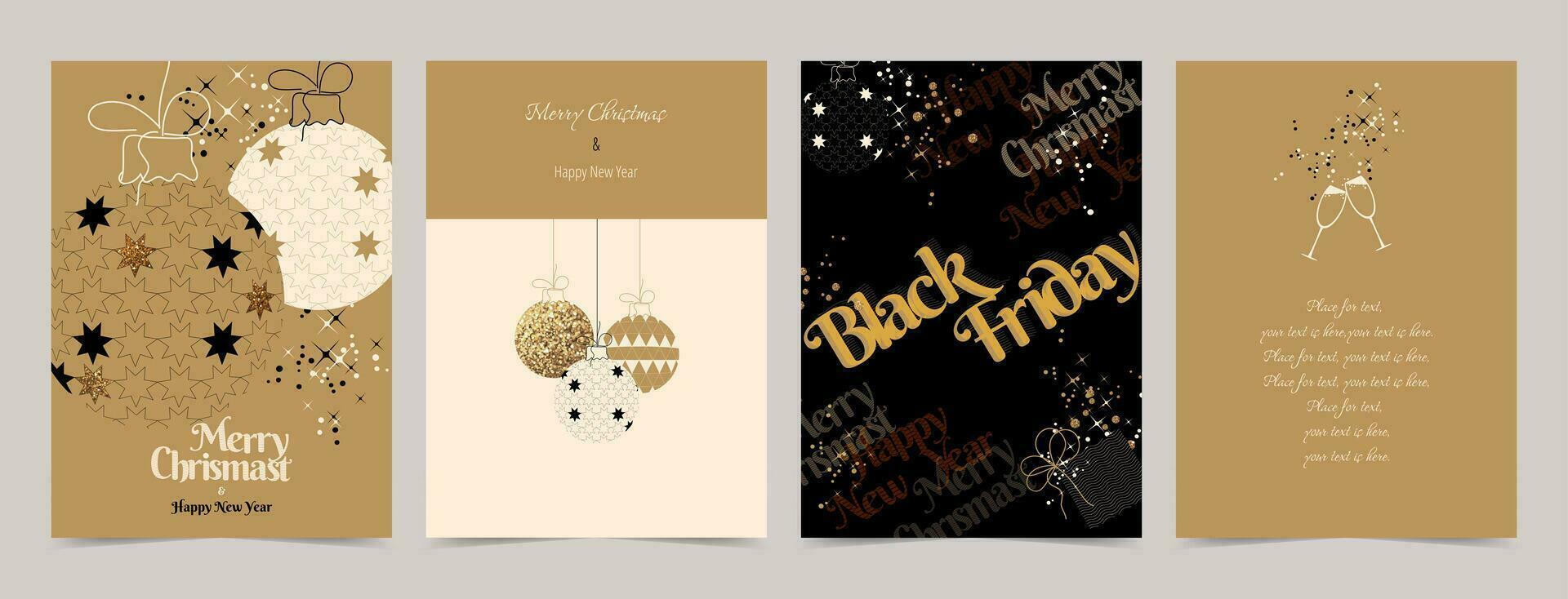 Set of cards with christmas theme and design for black friday sale. Christmas ornament, gifts, champagne glasses, place for text. vector