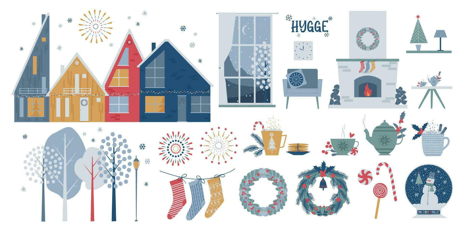 Set of elements for design on the theme of winter holidays. Scandinavian houses, fireworks, snow-covered trees, a fireplace, furniture, interior items, dishes, sweets and more. Over 36 elements. vector