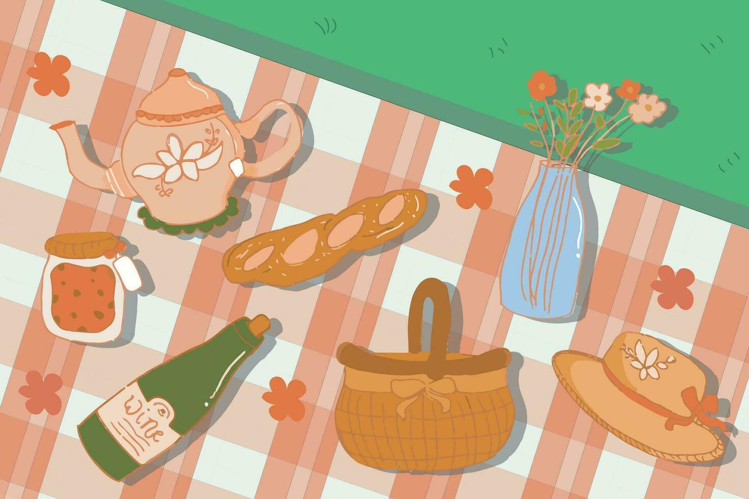 picnic bandera con flor y vaso, pan, tetera, picnic alfombra, mermelada y sombrero en jardín vector