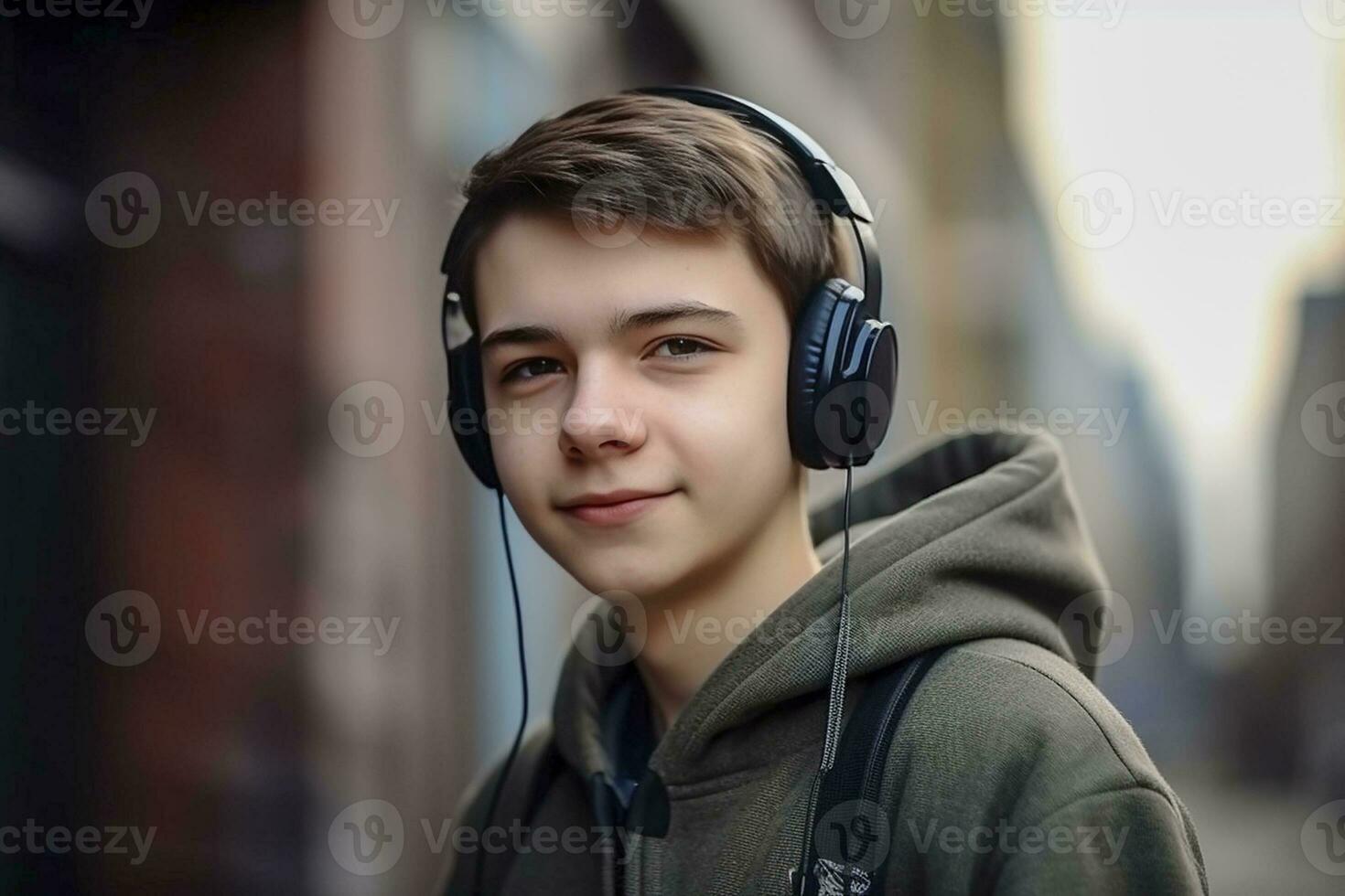 lonely young boy Listen music with headphones ,Generative AI photo