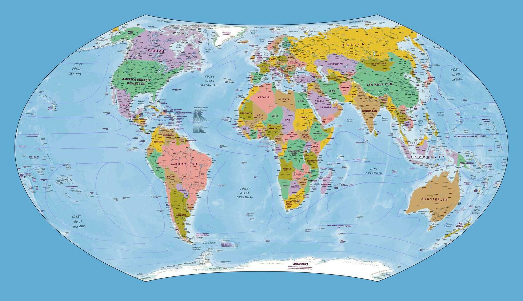 Political world map Turkish language Wagner VII projection vector