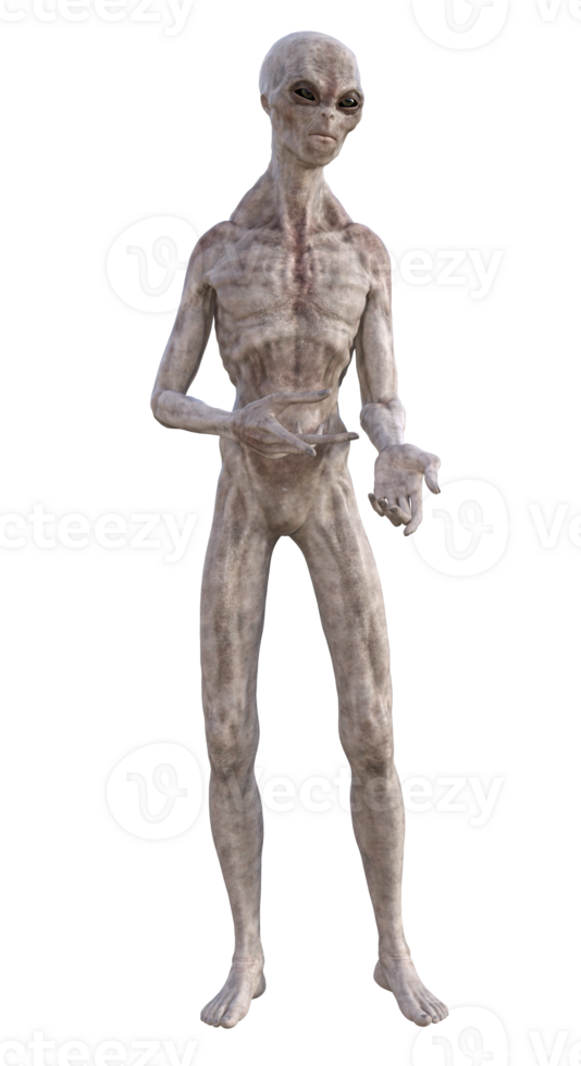 Grey alien on transparent background, 3d render png