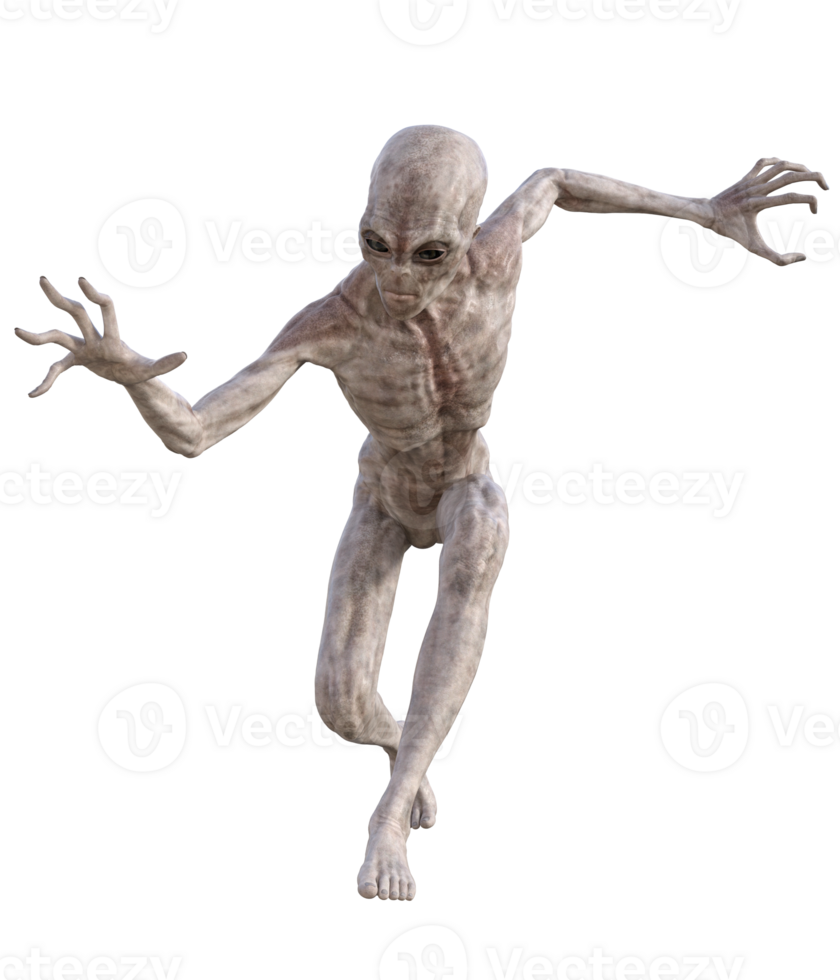 Grey alien on transparent background, 3d render png