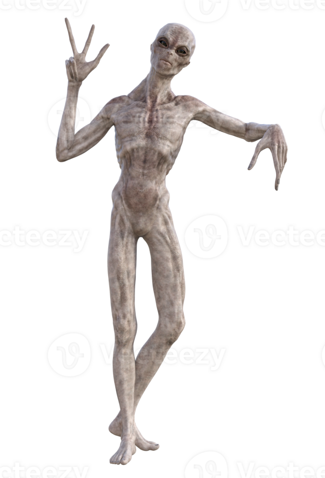 Grey alien on transparent background, 3d render png
