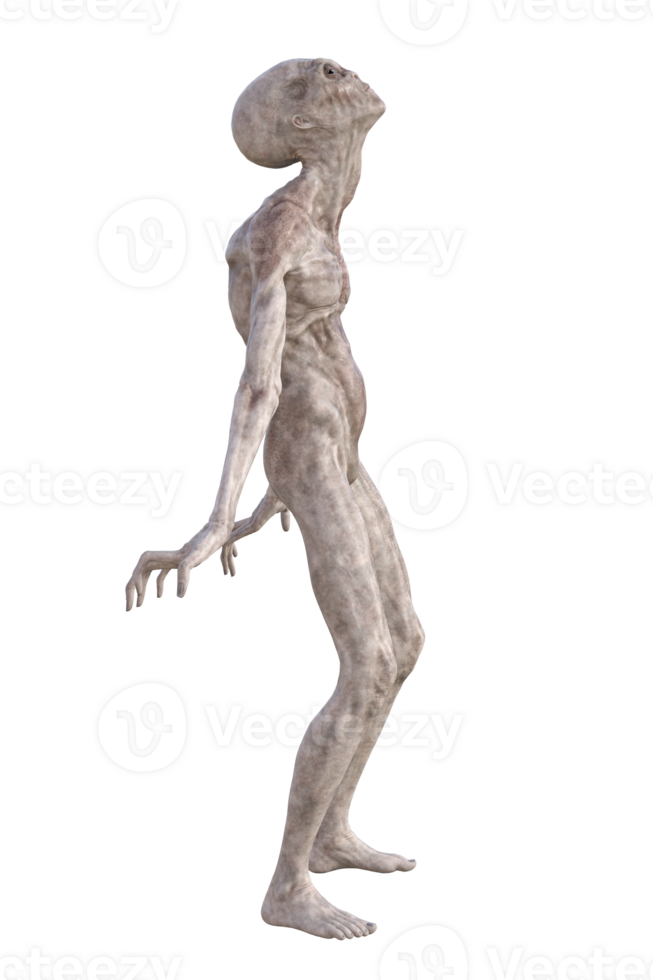 Grey alien on transparent background, 3d render png