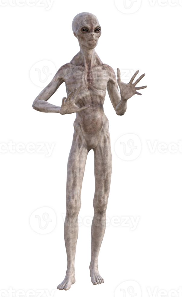 Grey alien on transparent background, 3d render png