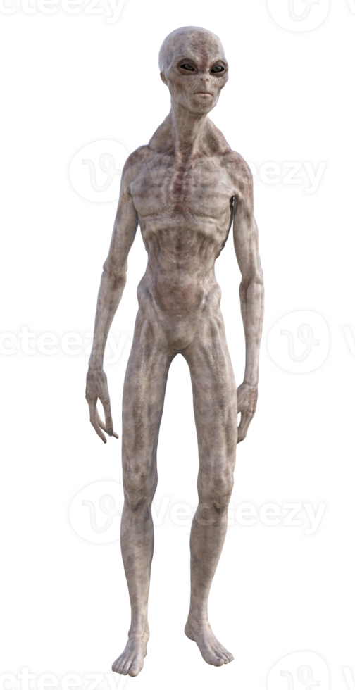 Grey alien on transparent background, 3d render png