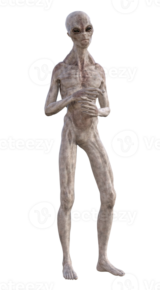 Grey alien on transparent background, 3d render png