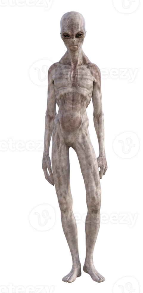 Grey alien on transparent background, 3d render png