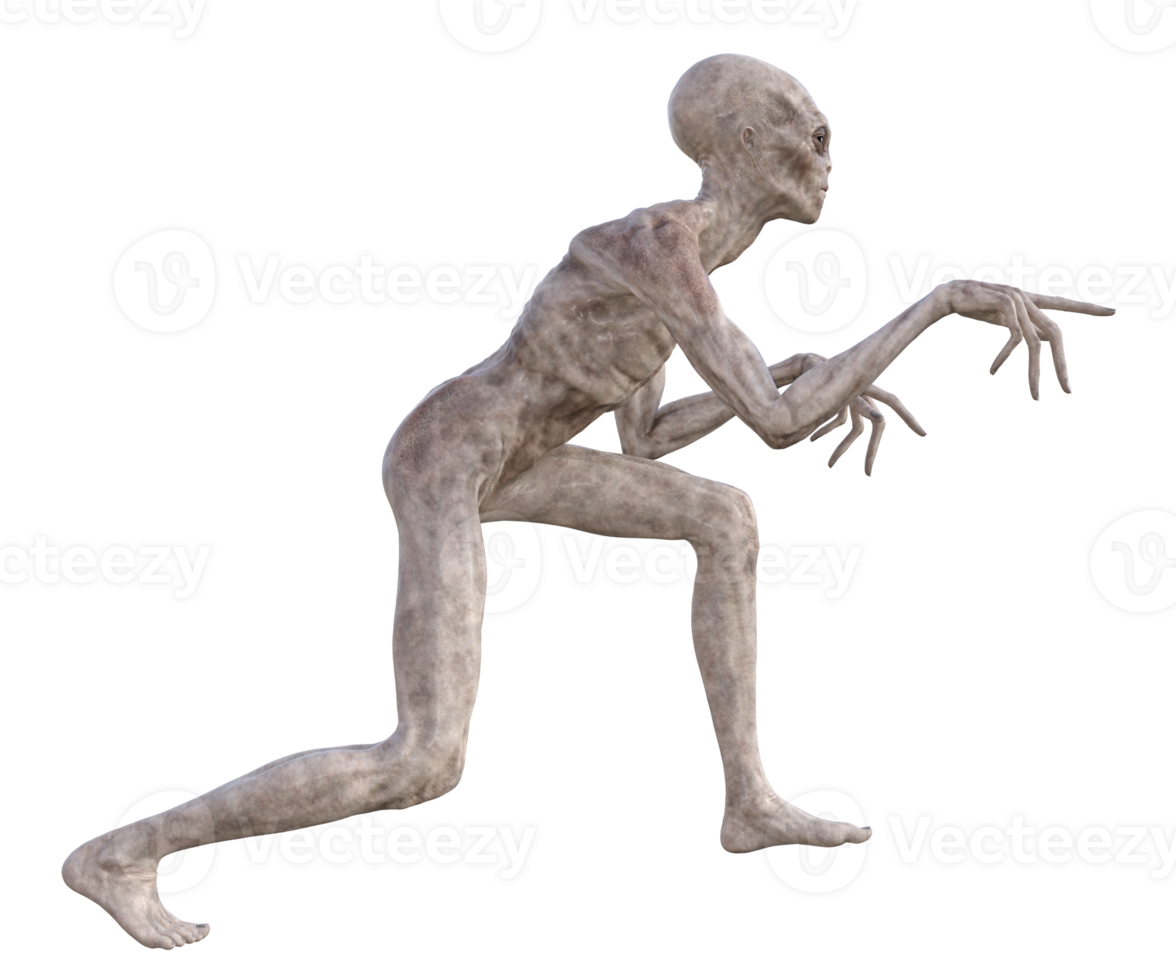 Grey alien on transparent background, 3d render png
