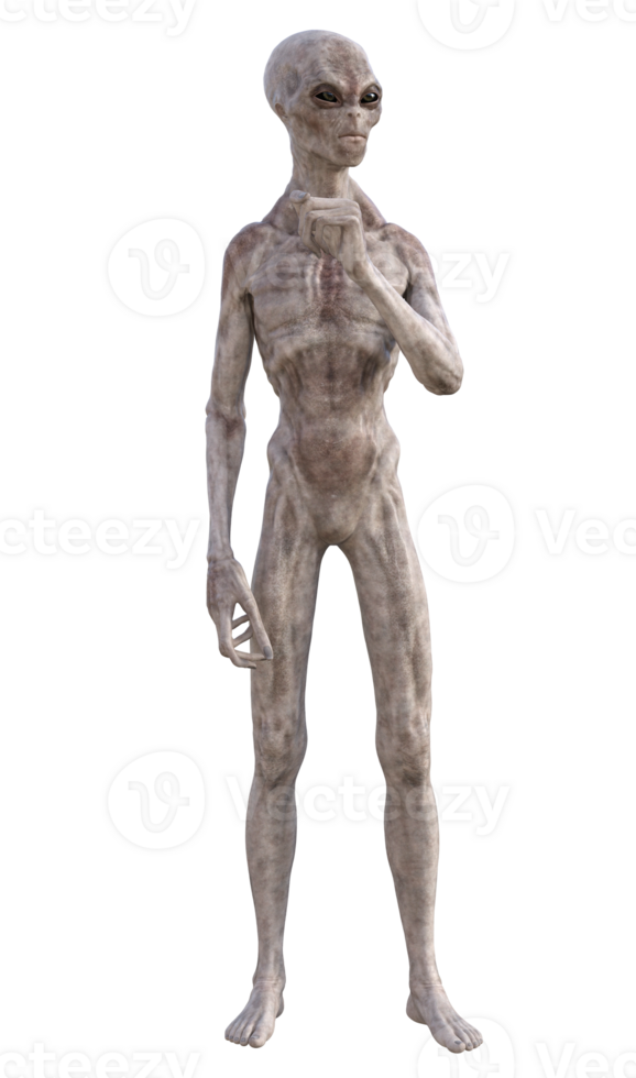 Grey alien on transparent background, 3d render png