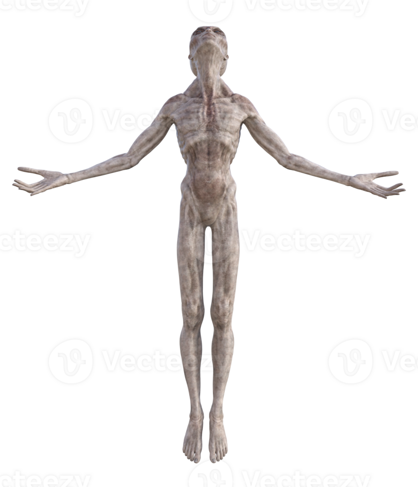 Grey alien on transparent background, 3d render png