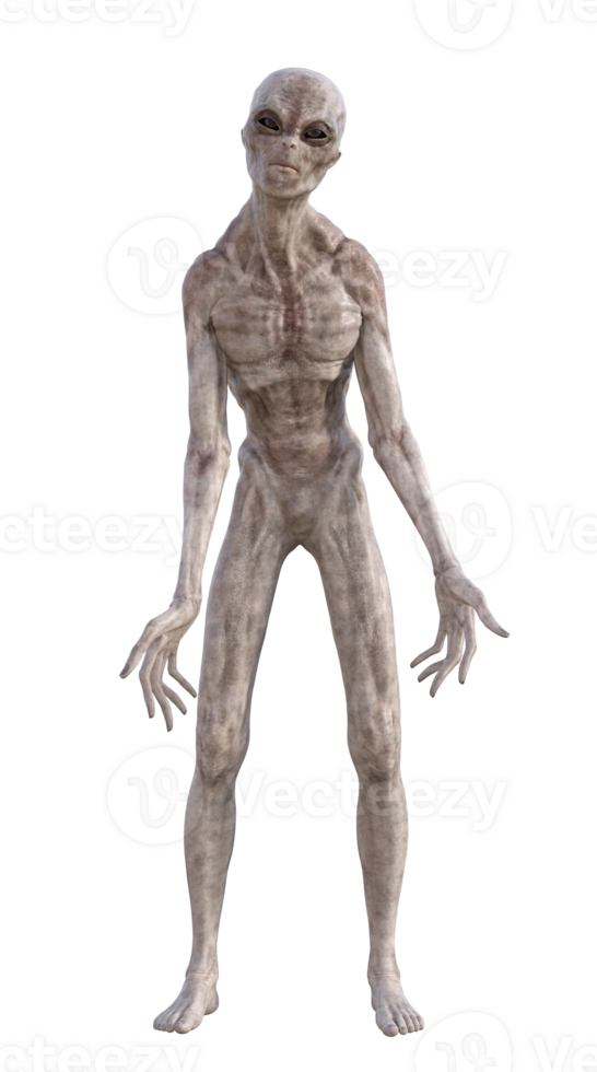 Grey alien on transparent background, 3d render png