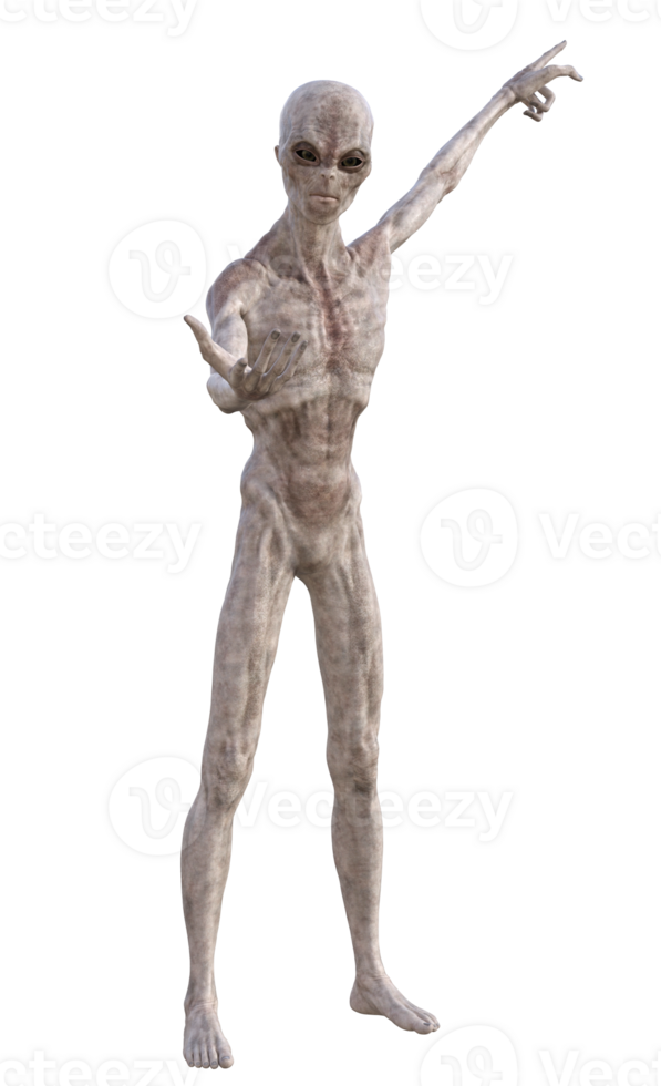 Grey alien on transparent background, 3d render png
