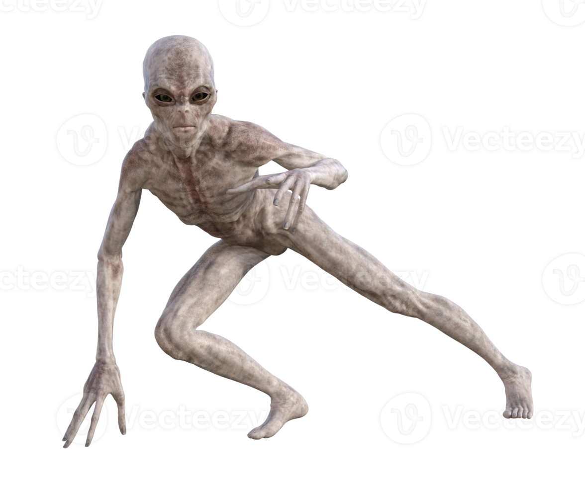 Grey alien on transparent background, 3d render png