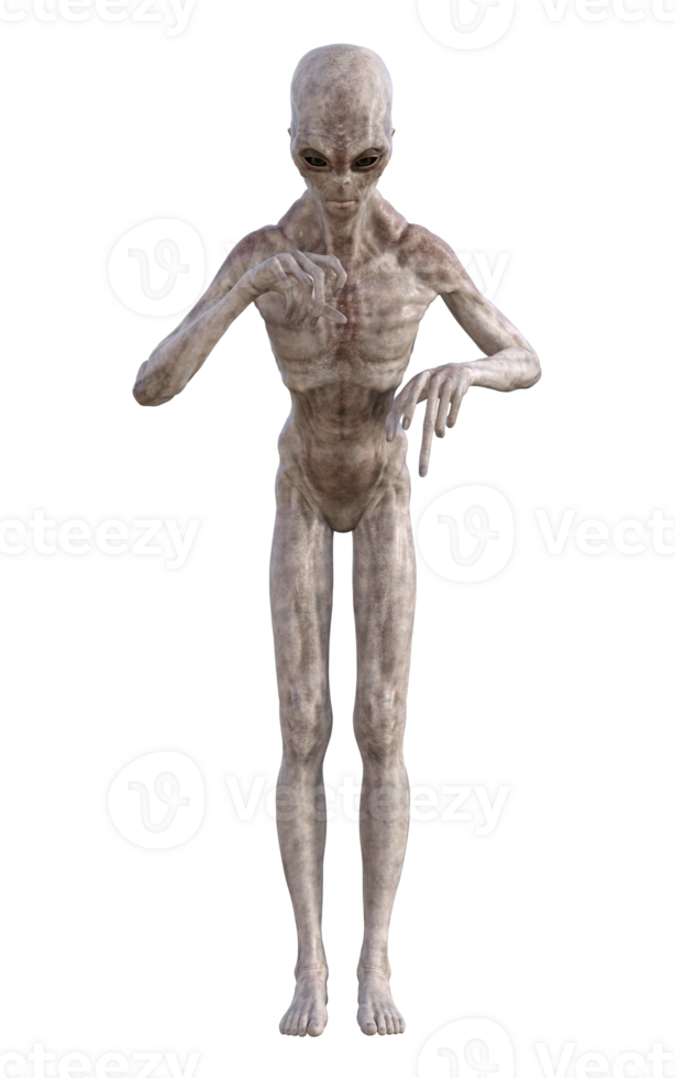 Grey alien on transparent background, 3d render png