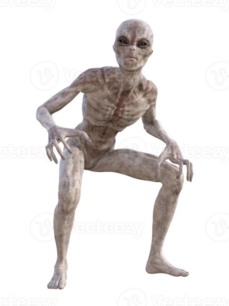 Grey alien on transparent background, 3d render png