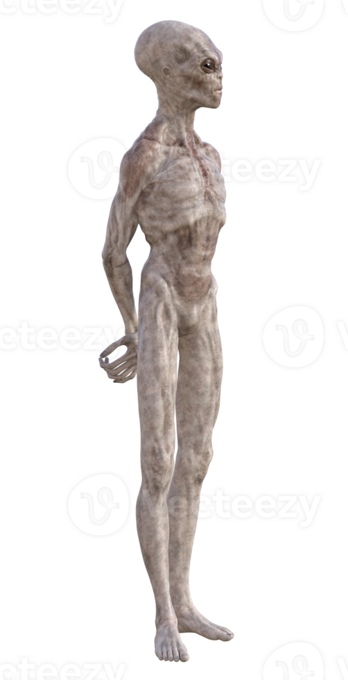 Grey alien on transparent background, 3d render png