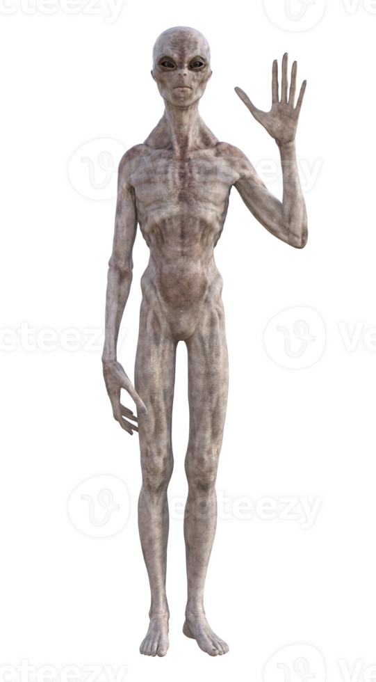 Grey alien on transparent background, 3d render png