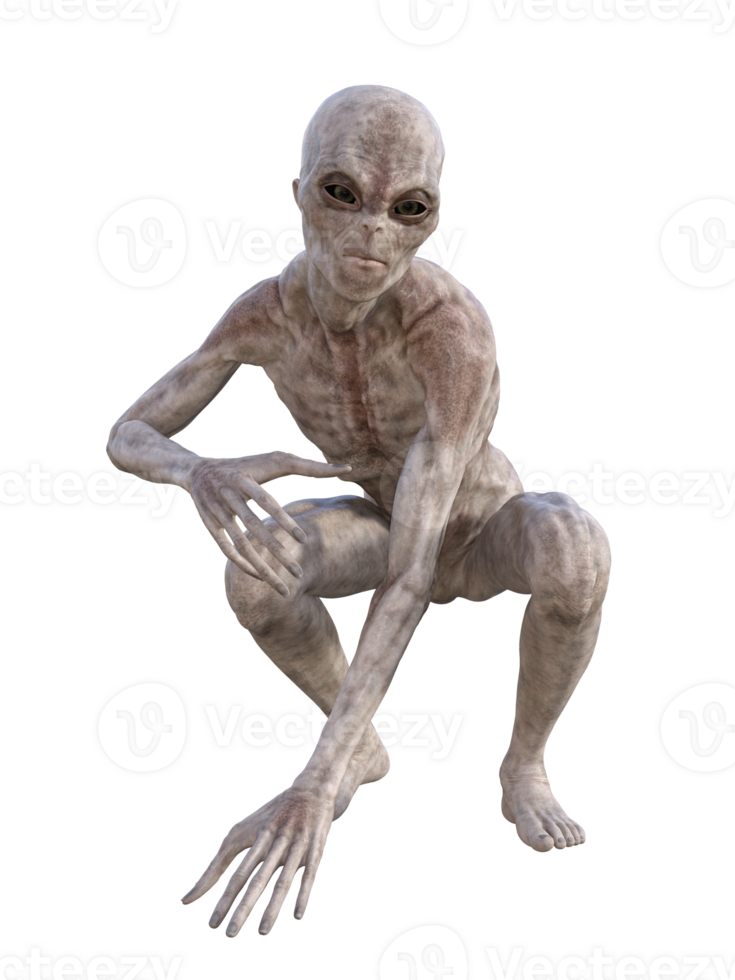 Grey alien on transparent background, 3d render png