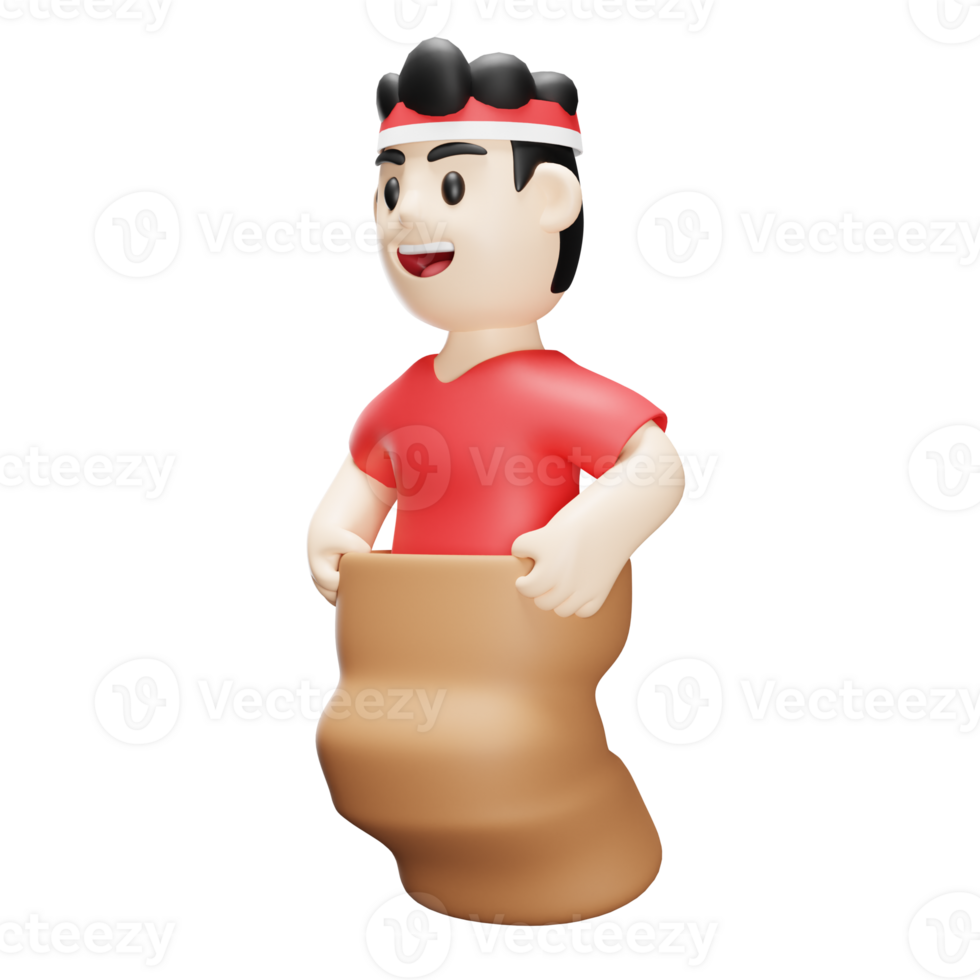 3d male character independence day of indonesia sack race competition png