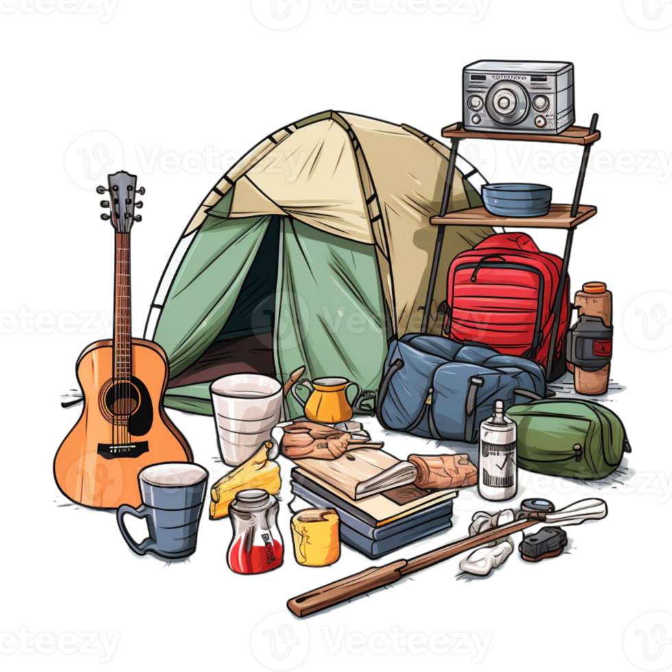 illustratie van camping tent, gitaar, voedsel, koffie, en andere items png