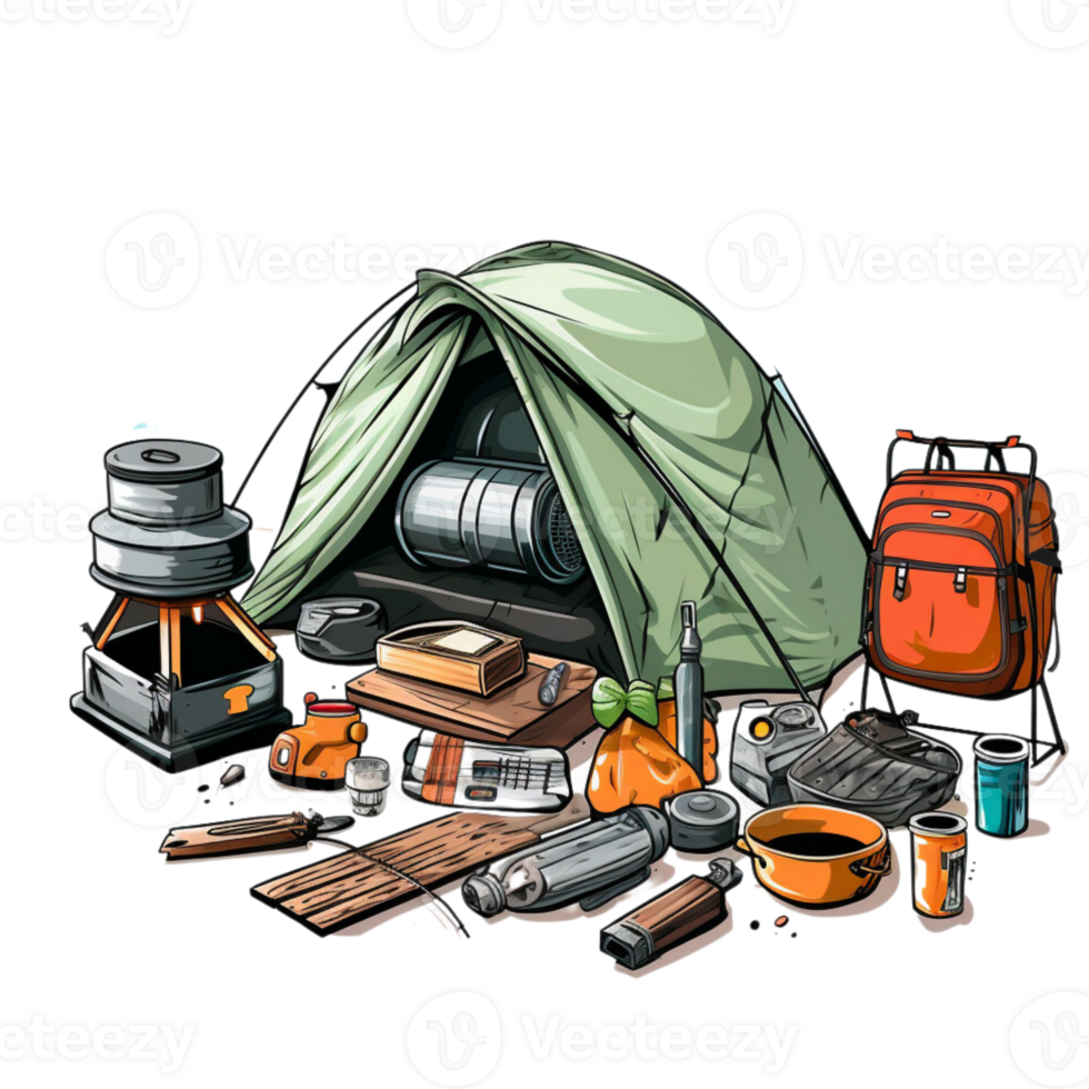 ein Zelt, Camping Ausrüstung und andere Artikel sind gezeigt png