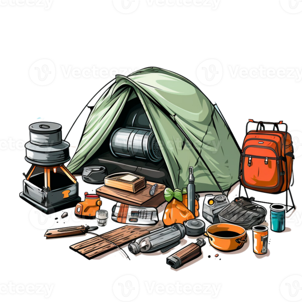 a tent, camping equipment and other items are shown 27143213 PNG