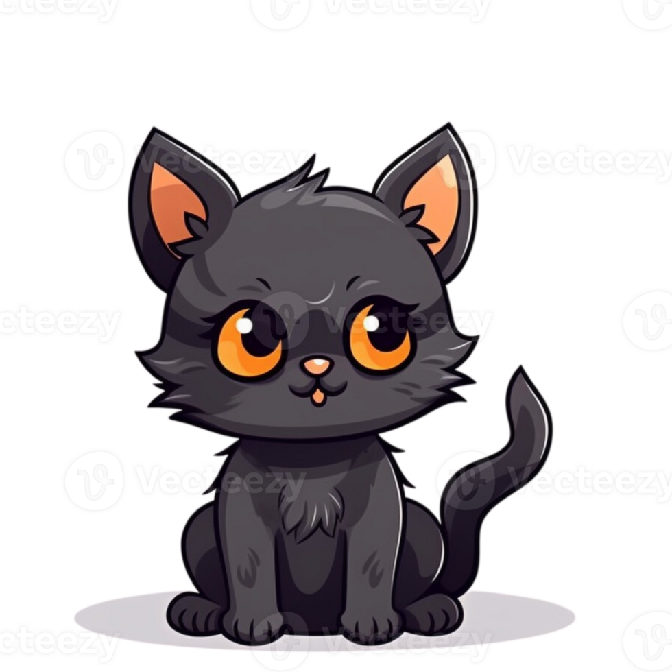 cartoon black cat with orange eyes on transparent background png