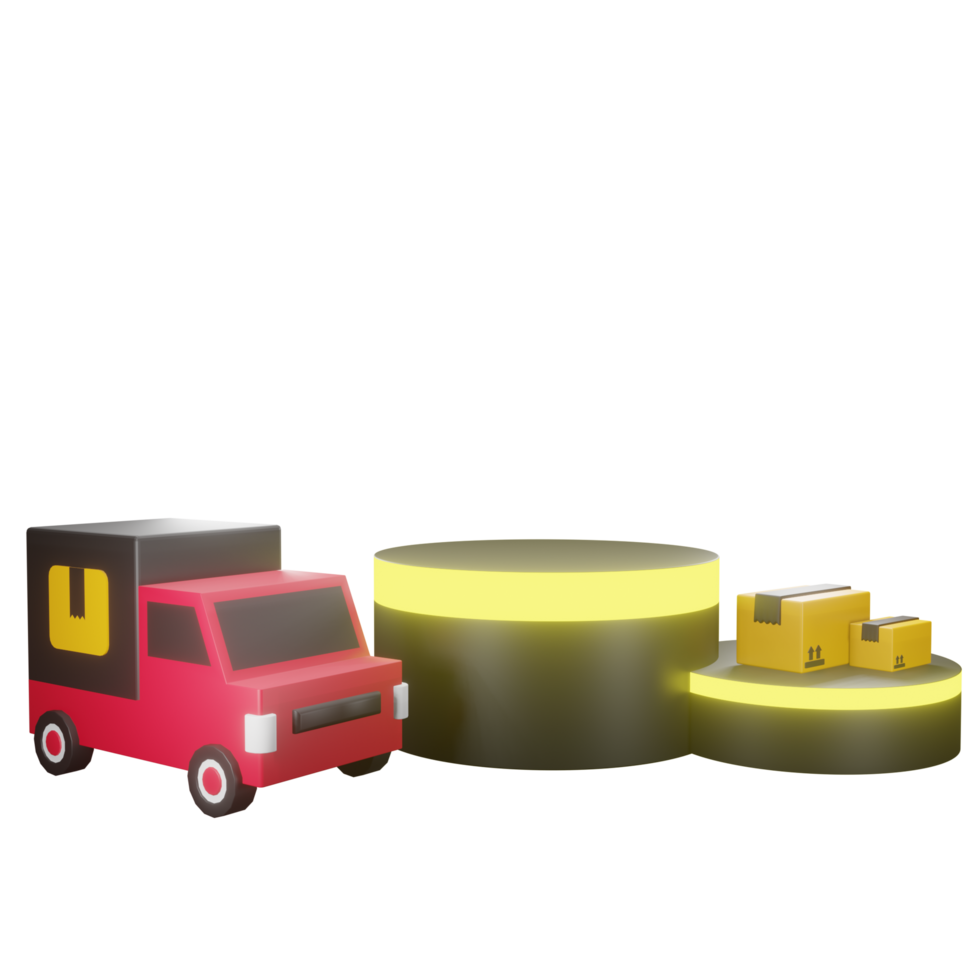 3D Red Truck Delivery and Boxes with a Black Podium png