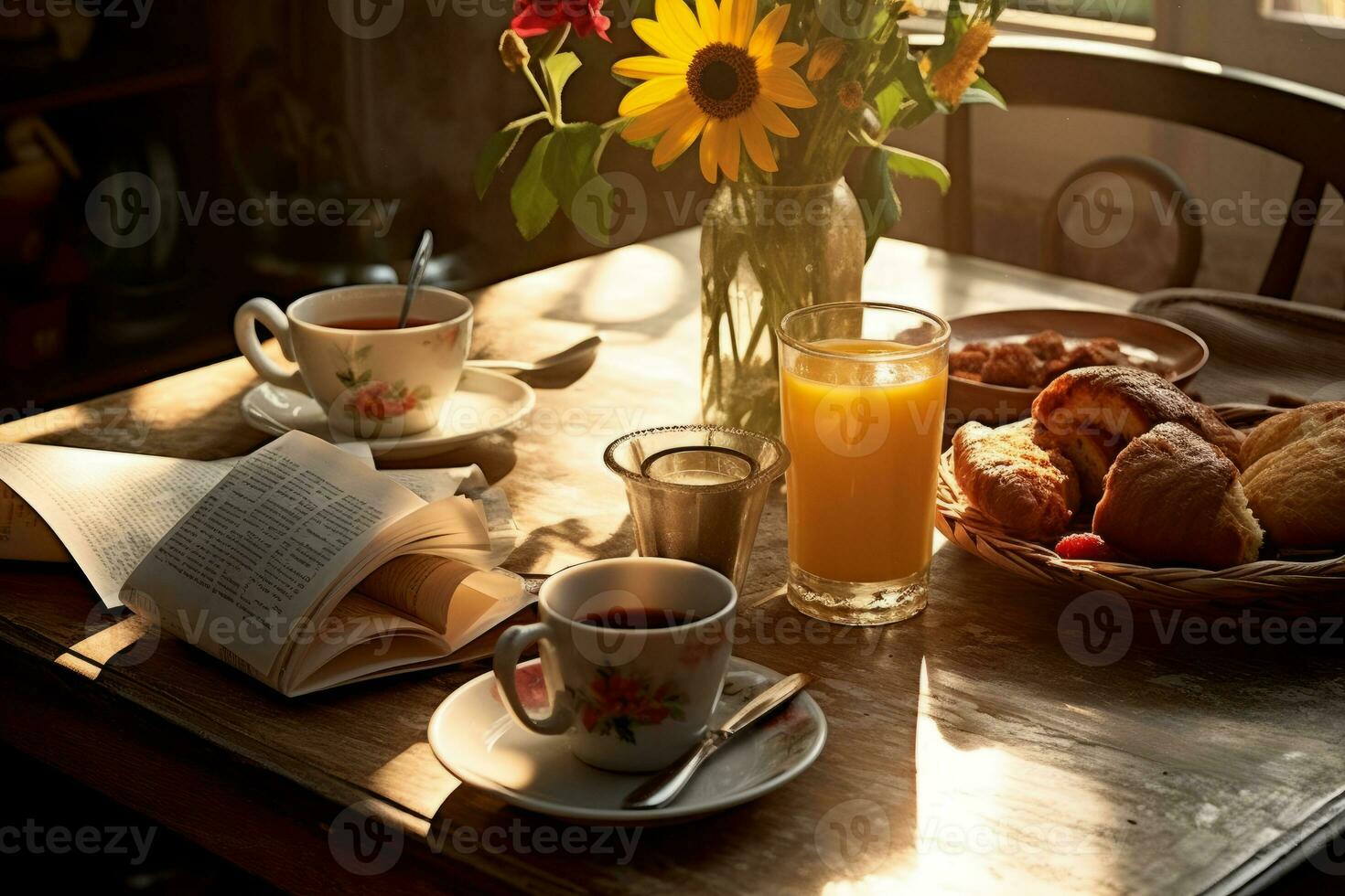 Morning coffee and newspaper on a cozy breakfast table. photo