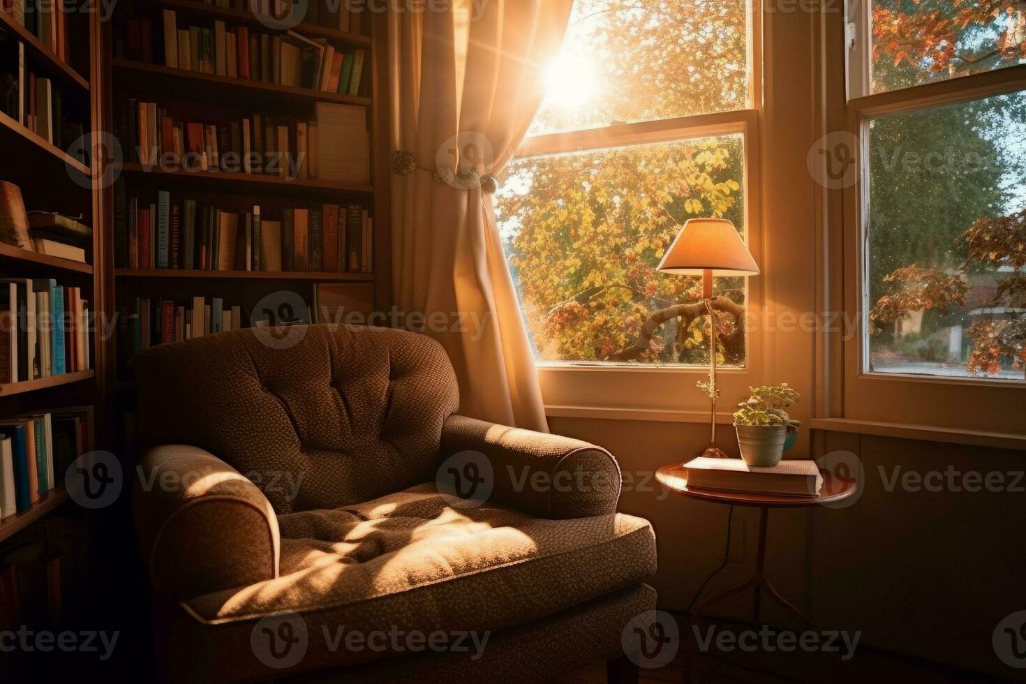 a relaxing in a comfortable armchair by a window, with soft sunlight streaming in. photo