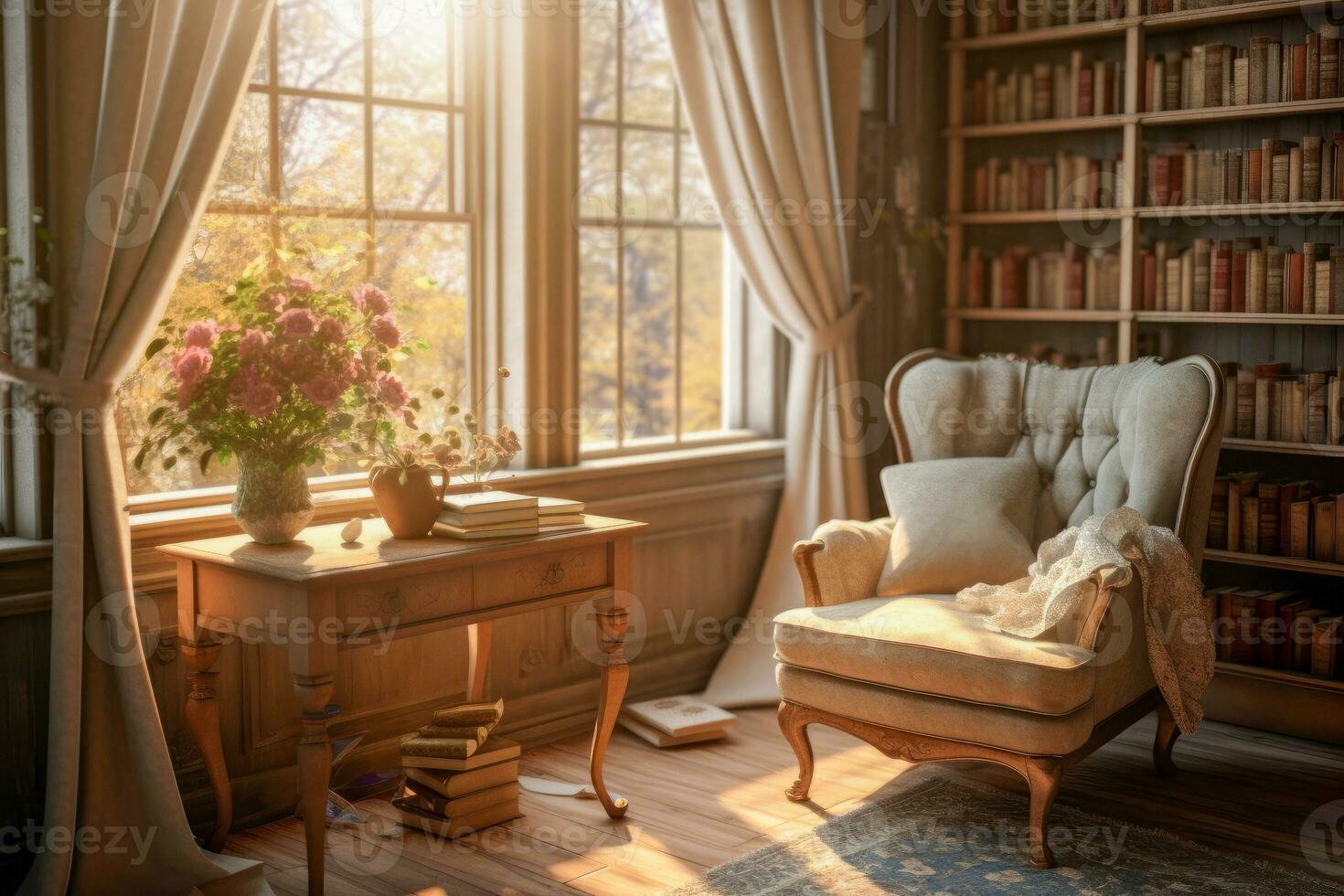 un relajante en un cómodo Sillón por un ventana, con suave luz de sol transmisión en. foto