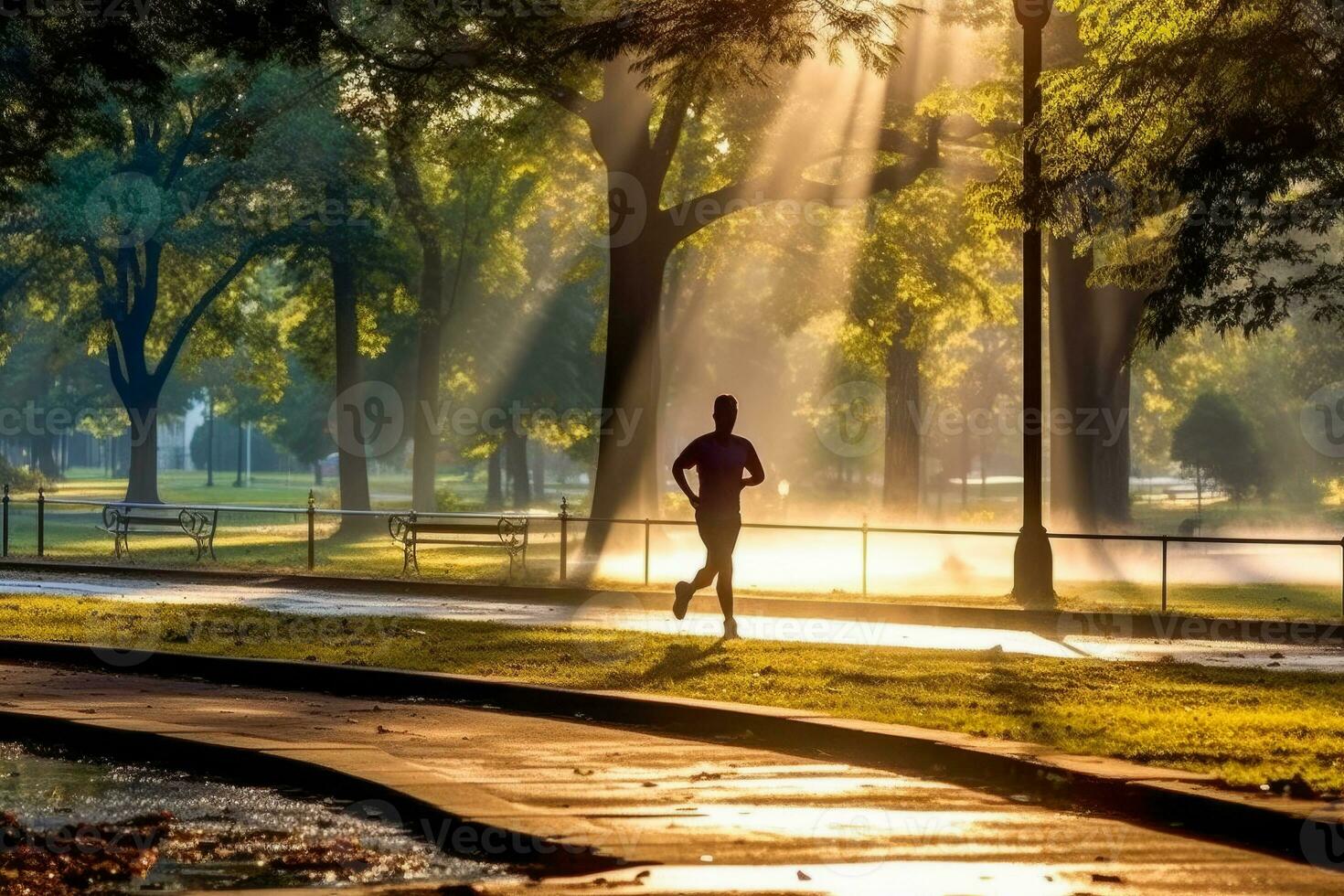 un persona trotar en un parque, disfrutando su diario ejercicio rutina foto