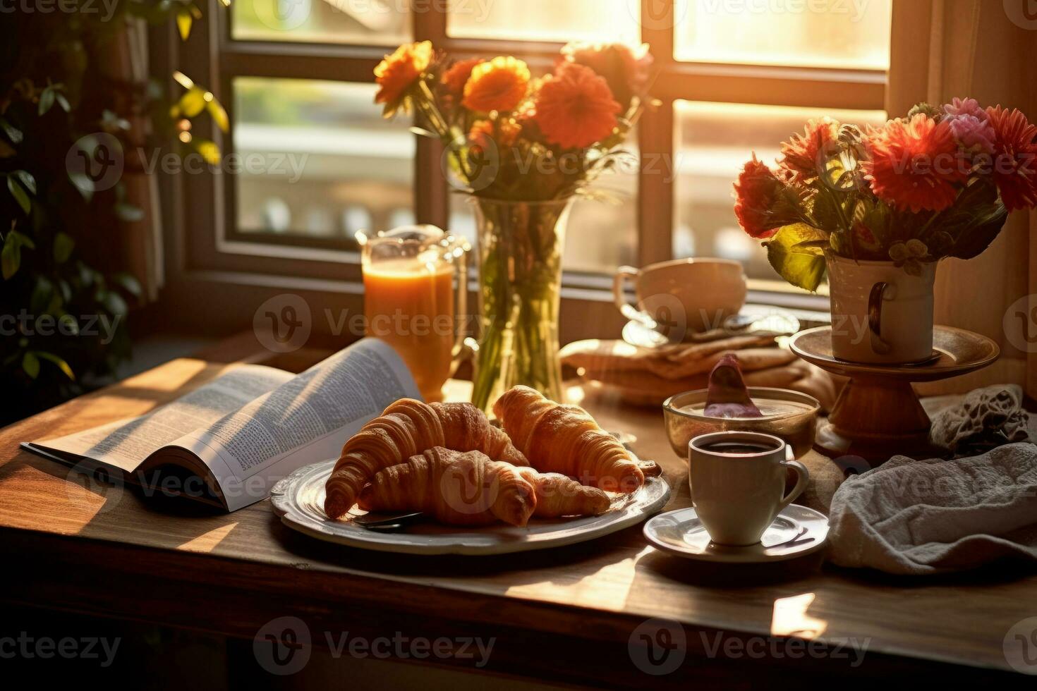 Mañana café y periódico en un acogedor desayuno mesa. foto