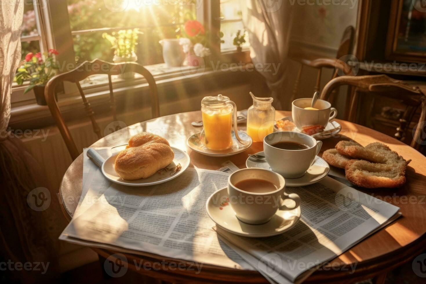 Mañana café y periódico en un acogedor desayuno mesa. foto