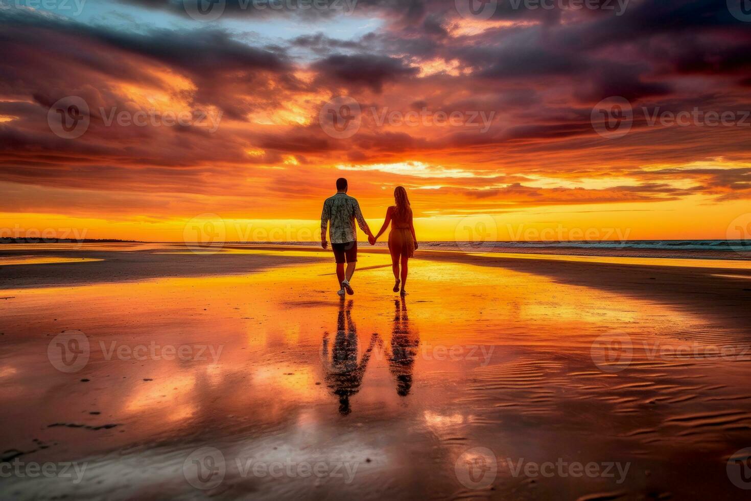 Pareja tomando un sin prisa caminar en el playa, participación manos y disfrutando el puesta de sol. foto