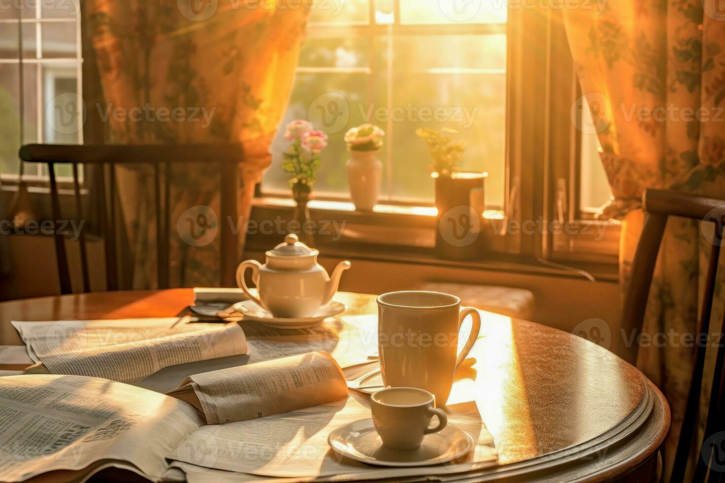 Morning coffee and newspaper on a cozy breakfast table. photo