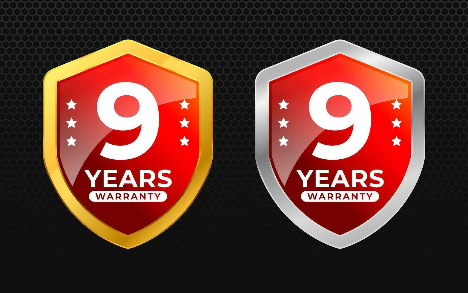 9 years warranty with glossy gold and silver vector shield shape. for label, seal, stamp, icon, logo, badge, symbol, sticker, button