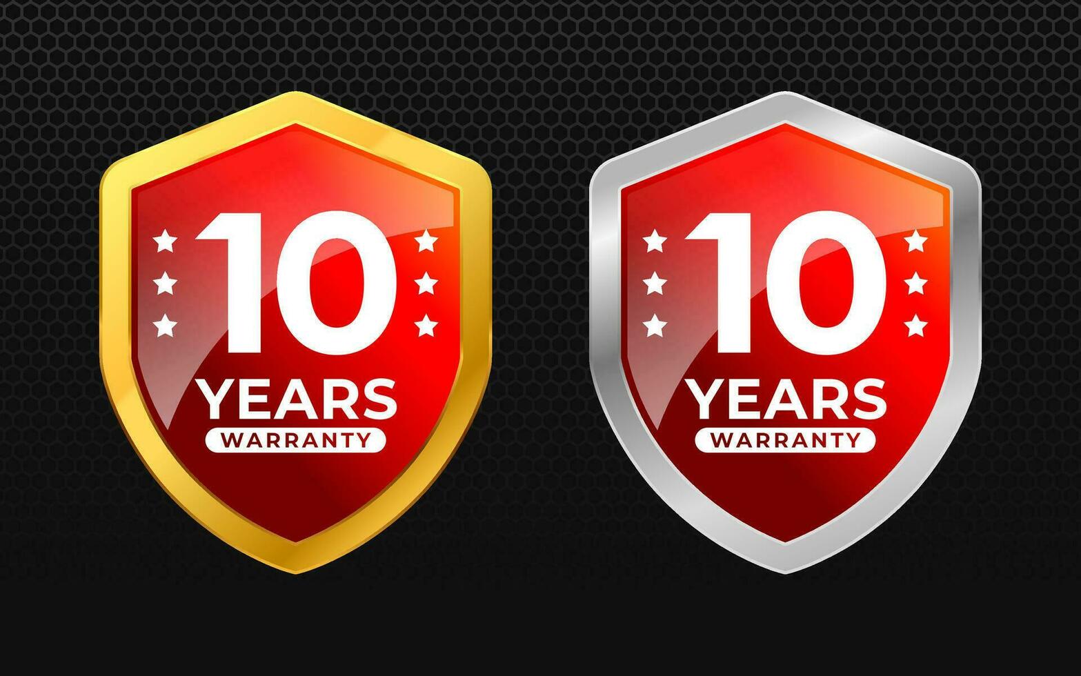 10 years warranty with glossy gold and silver vector shield shape. for label, seal, stamp, icon, logo, badge, symbol, sticker, button
