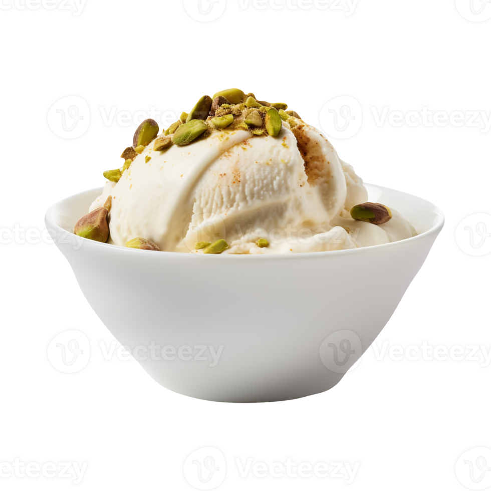 Tasty vanilla ice cream with pistachio nuts isolated on transparent background png