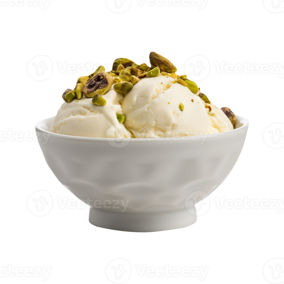 Tasty vanilla ice cream with pistachio nuts isolated on transparent background png