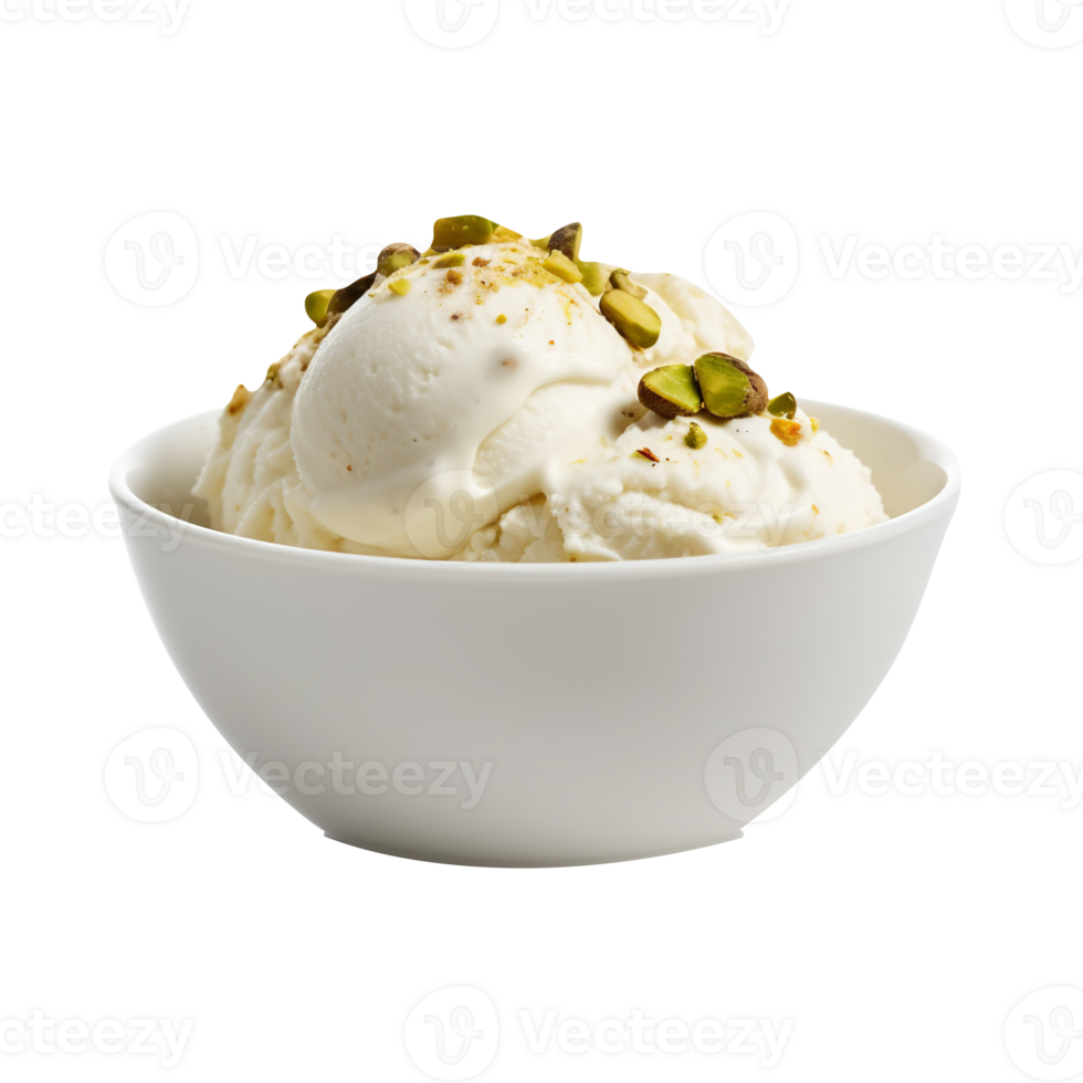 Tasty vanilla ice cream with pistachio nuts isolated on transparent background png