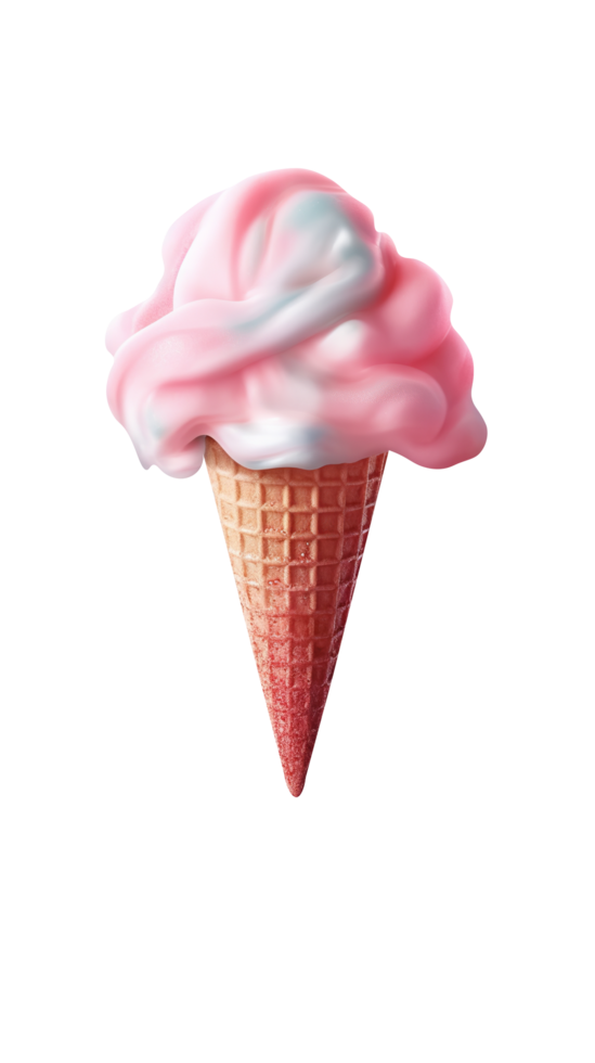 Yummy cotton candy ice cream cone isolated on transparent background