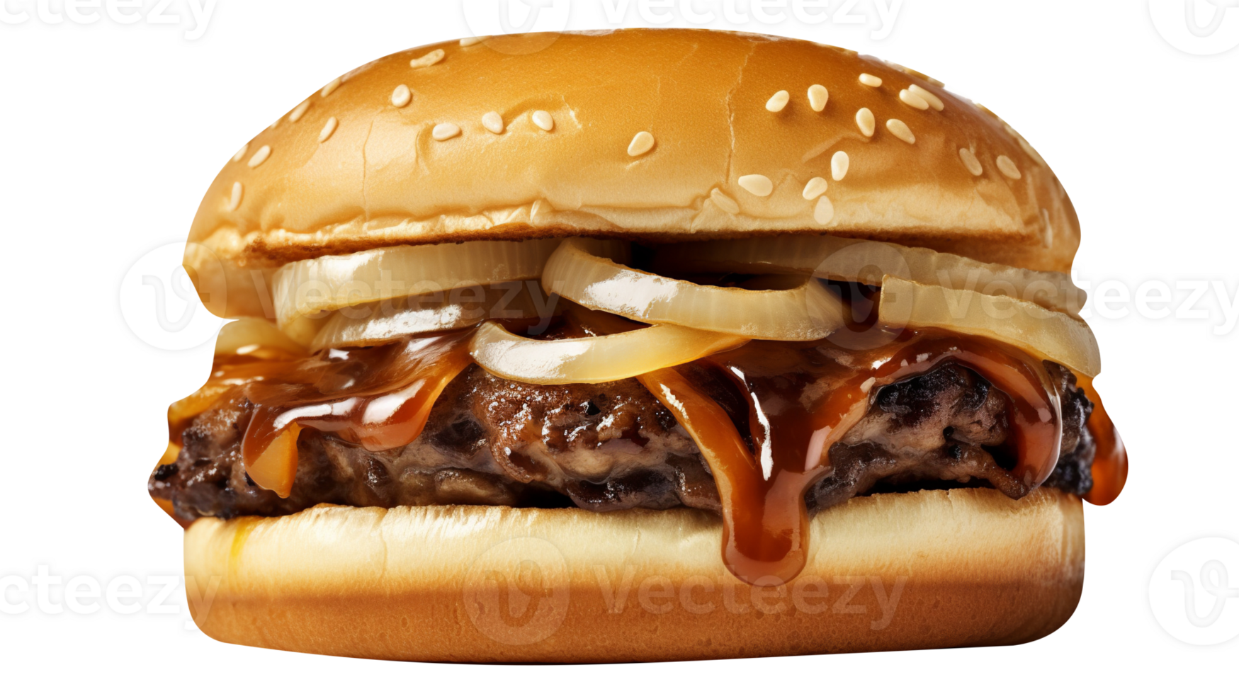 Delicious caramelized onion burger on transparent background png
