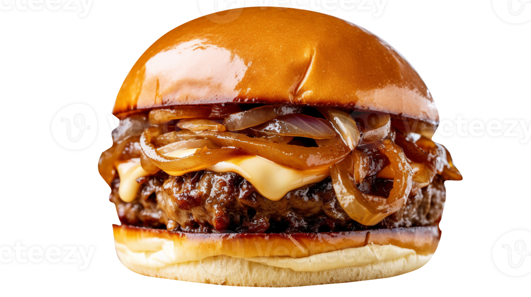 Delicious caramelized onion burger on transparent background png