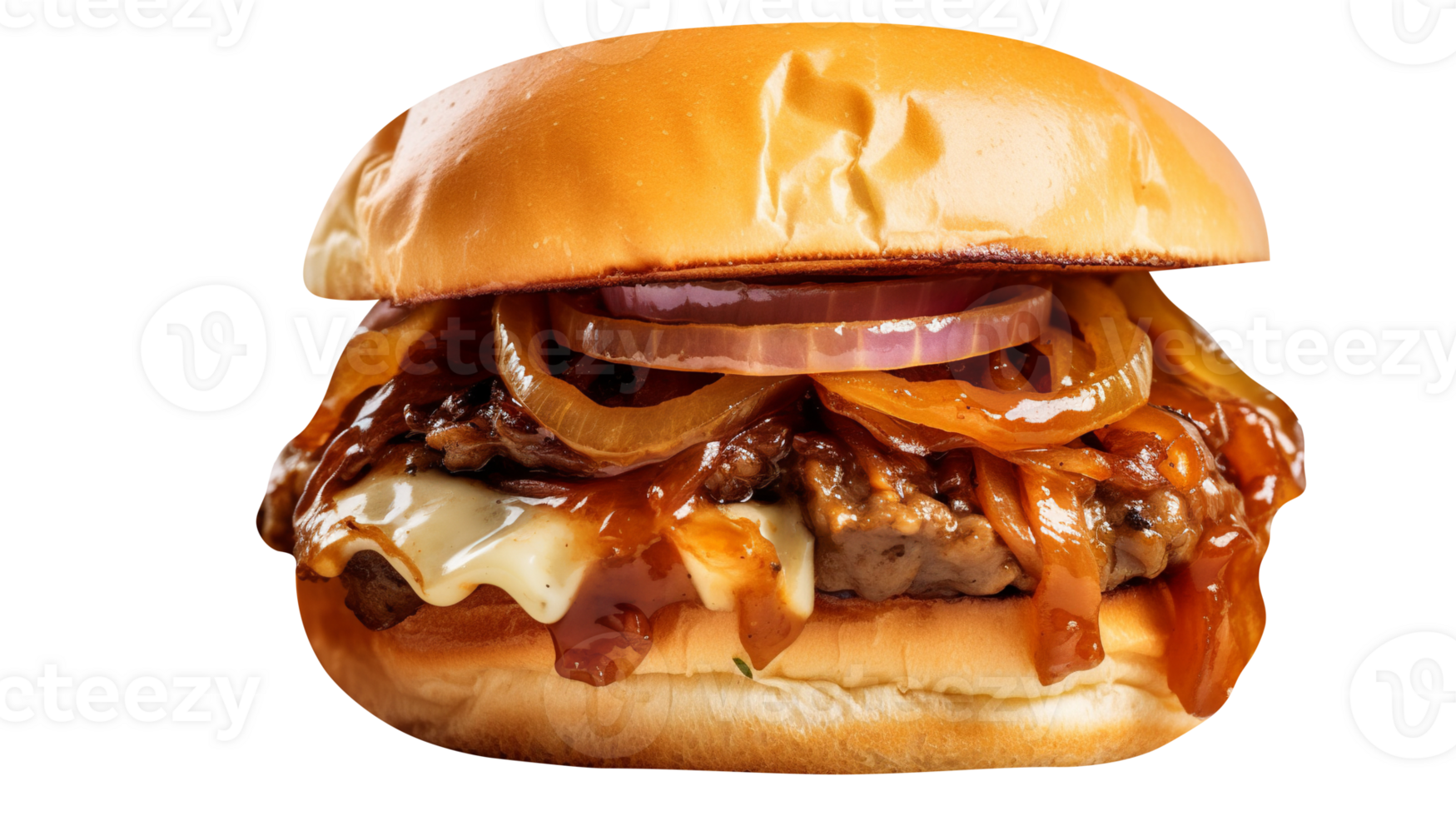 Delicious caramelized onion burger on transparent background png